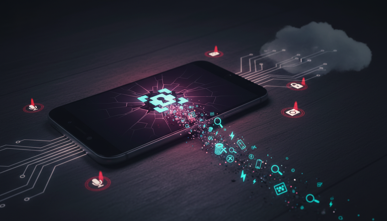 Dramatic security-risk visual combining photo and illustration: a darkened smartphone screen whose central generic block-game