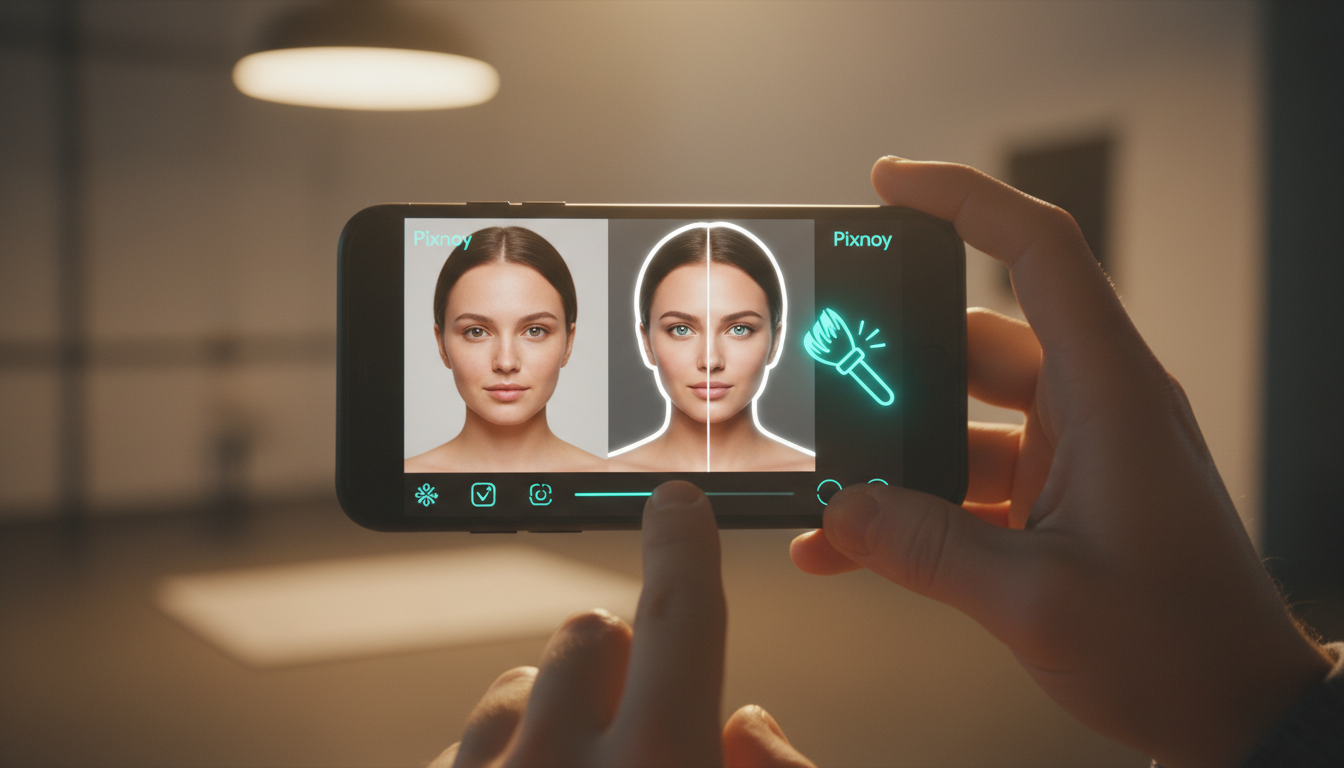 Core Features — Hands-on close-up of the Pixnoy editing experience: a user holding a phone with the Pixnoy editor visible (in