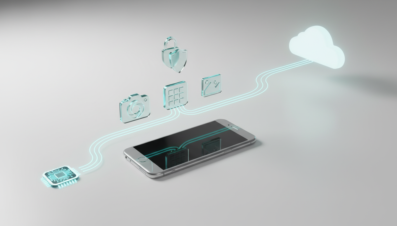 Safety & Privacy — Conceptual photo of permissions and processing flow: a smartphone on a desk with floating semi-transparent